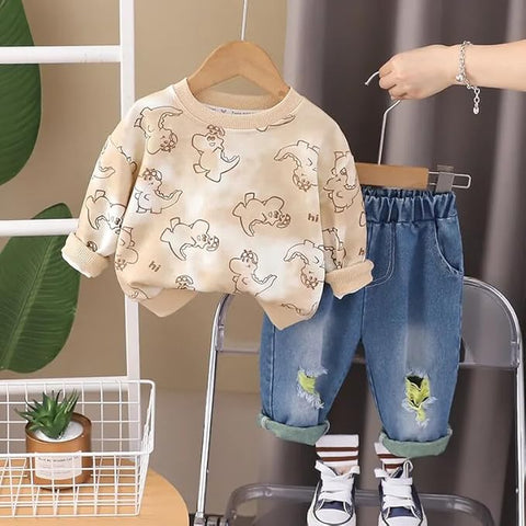 Boys Dino Print Sweatshirt & Ripped Denim Pant Set