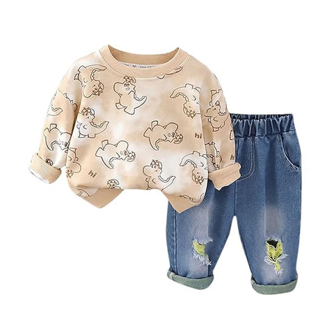 Boys Dino Print Sweatshirt & Ripped Denim Pant Set