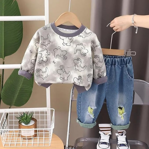 Boys Dino Print Sweatshirt & Ripped Denim Pant Set