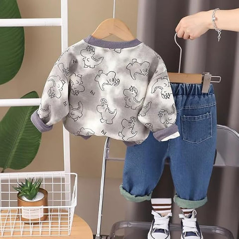 Boys Dino Print Sweatshirt & Ripped Denim Pant Set