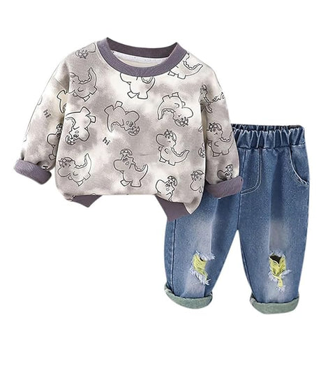 Boys Dino Print Sweatshirt & Ripped Denim Pant Set