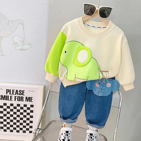 Kids Elephant Themed Sweatshirt & Denim Pant Set