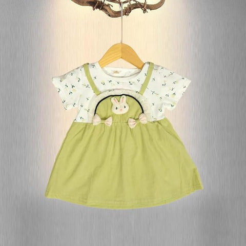Girls Bunny Patch Floral Print Short-sleeve Pinafore Dress