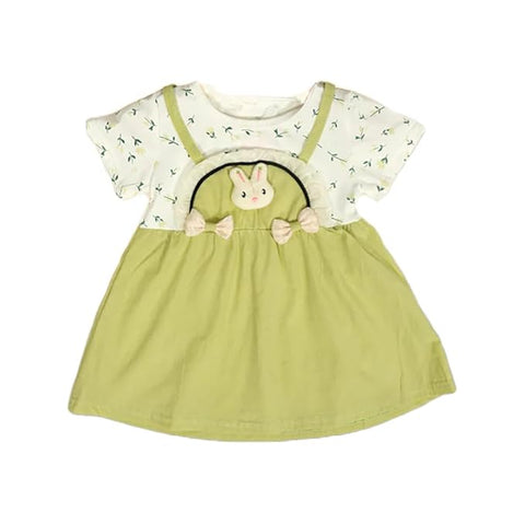 Girls Bunny Patch Floral Print Short-sleeve Pinafore Dress