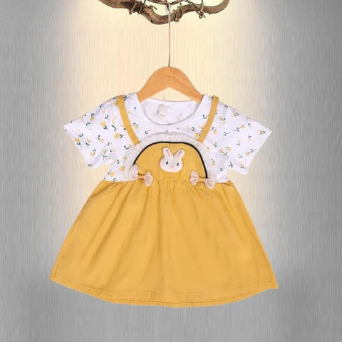 Girls Bunny Patch Floral Print Short-sleeve Pinafore Dress