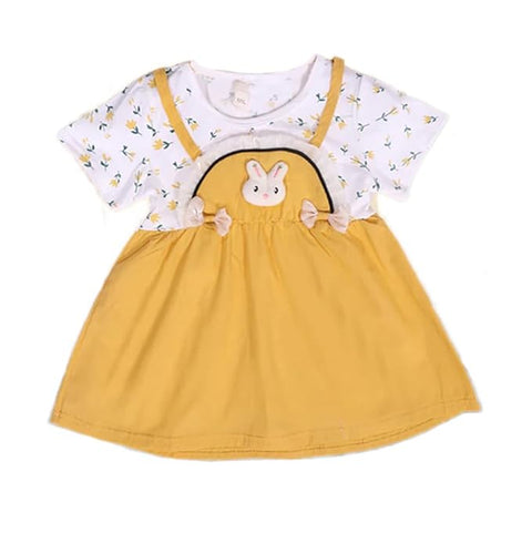Girls Bunny Patch Floral Print Short-sleeve Pinafore Dress