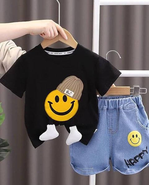 Kids Happy Face Print With 3D Legs T-shirt & Cotton Short Set