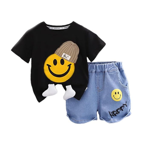 Kids Happy Face Print With 3D Legs T-shirt & Cotton Short Set