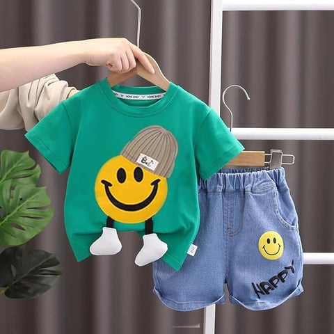 Kids Happy Face Print With 3D Legs T-shirt & Cotton Short Set