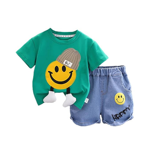 Kids Happy Face Print With 3D Legs T-shirt & Cotton Short Set