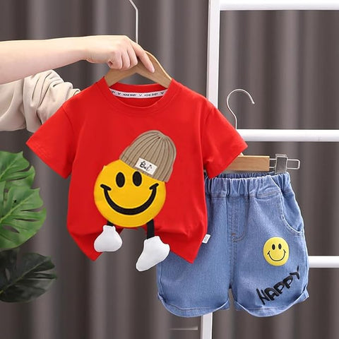 Kids Happy Face Print With 3D Legs T-shirt & Cotton Short Set