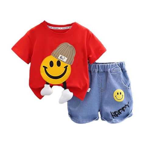 Kids Happy Face Print With 3D Legs T-shirt & Cotton Short Set