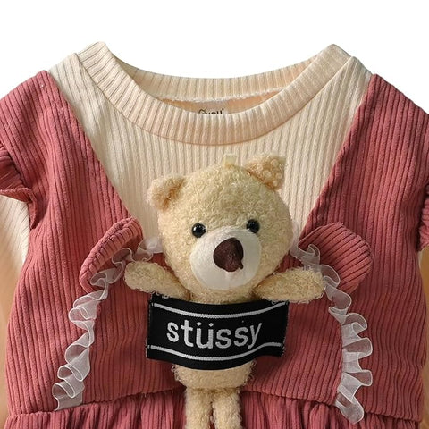 Full Sleeve Winter Woolen Mini Dress Frock with Detachable Soft Plush Toy for Girls