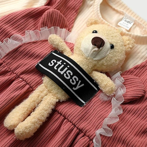 Full Sleeve Winter Woolen Mini Dress Frock with Detachable Soft Plush Toy for Girls