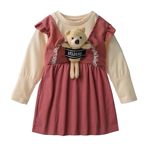 Full Sleeve Winter Woolen Mini Dress Frock with Detachable Soft Plush Toy for Girls