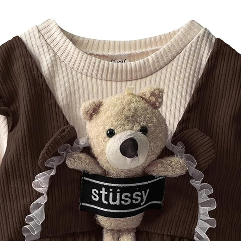 Full Sleeve Winter Woolen Mini Dress Frock with Detachable Soft Plush Toy for Girls