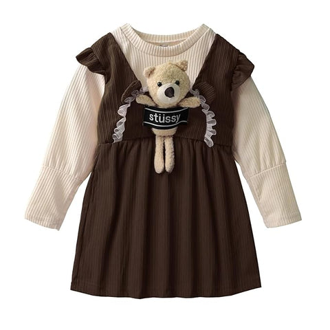 Full Sleeve Winter Woolen Mini Dress Frock with Detachable Soft Plush Toy for Girls