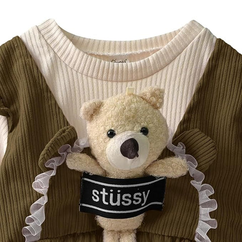 Full Sleeve Winter Woolen Mini Dress Frock with Detachable Soft Plush Toy for Girls