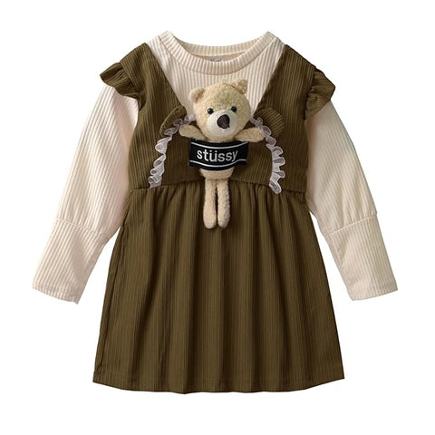 Full Sleeve Winter Woolen Mini Dress Frock with Detachable Soft Plush Toy for Girls