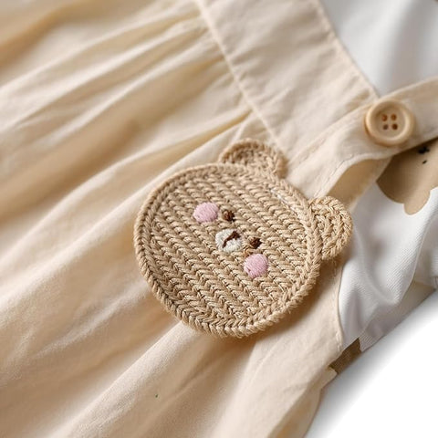 Girls Half-sleeve Bear Patch Pinafore Dress