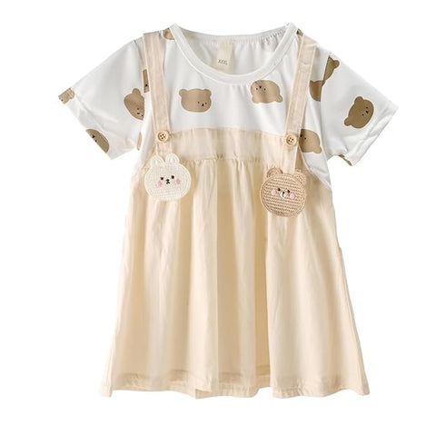 Girls Half-sleeve Bear Patch Pinafore Dress