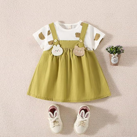 Girls Half-sleeve Bear Patch Pinafore Dress