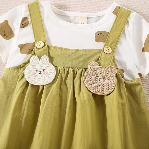 Girls Half-sleeve Bear Patch Pinafore Dress