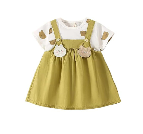 Girls Half-sleeve Bear Patch Pinafore Dress