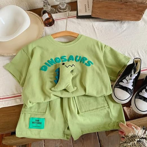 Boy Cotton 3D Dino Printed T-shirt & Short Set