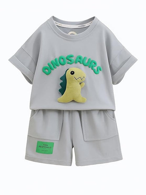 Boy Cotton 3D Dino Printed T-shirt & Short Set