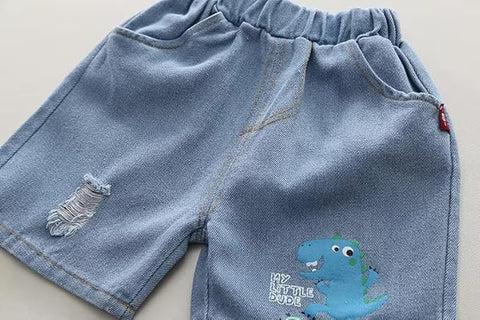 Kids Dinosaur T-Shirt & Denim Shorts Set with Crossbody Bag