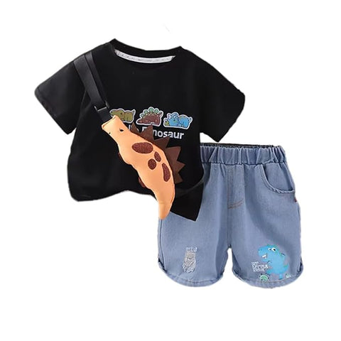 Kids Dinosaur T-Shirt & Denim Shorts Set with Crossbody Bag