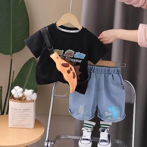 Kids Dinosaur T-Shirt & Denim Shorts Set with Crossbody Bag