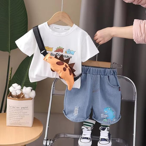 Kids Dinosaur T-Shirt & Denim Shorts Set with Crossbody Bag