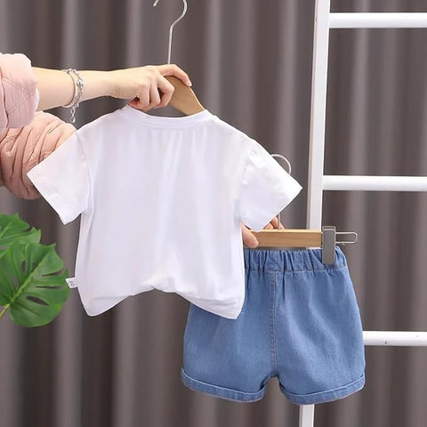 Kids Dinosaur T-Shirt & Denim Shorts Set with Crossbody Bag