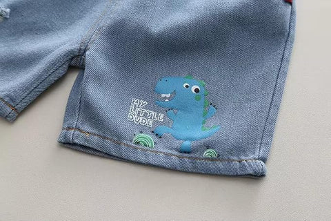Kids Dinosaur T-Shirt & Denim Shorts Set with Crossbody Bag