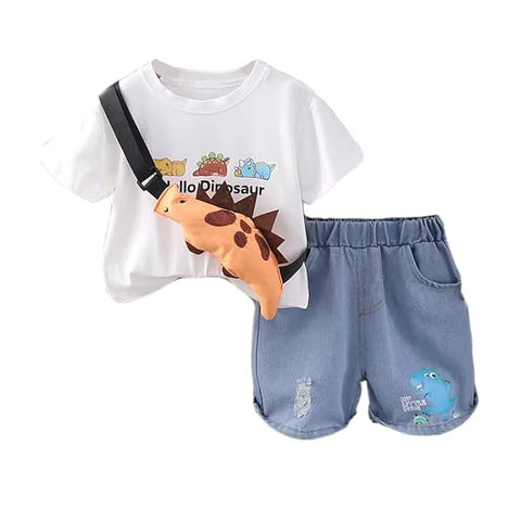 Kids Dinosaur T-Shirt & Denim Shorts Set with Crossbody Bag