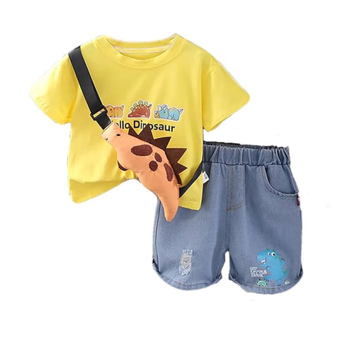 Kids Dinosaur T-Shirt & Denim Shorts Set with Crossbody Bag