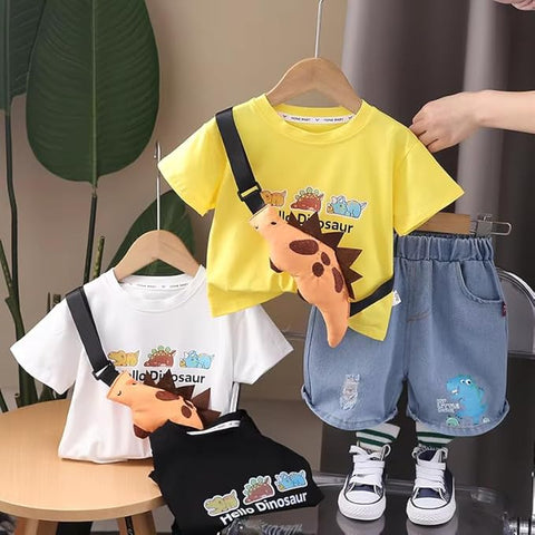 Kids Dinosaur T-Shirt & Denim Shorts Set with Crossbody Bag