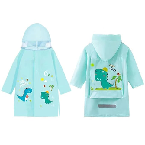 Kids Dino Print Hooded Raincoat With Storage Pouch