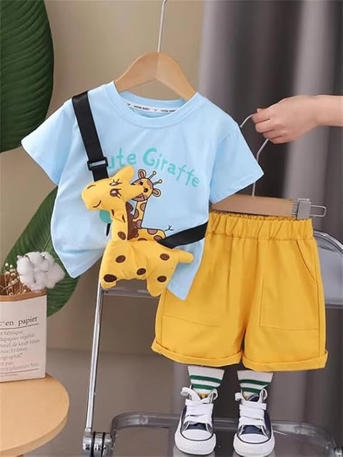 Kids Giraffe Print T-shirt & Short Set With Crossbody Bag
