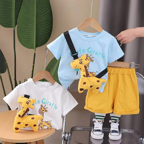 Kids Giraffe Print T-shirt & Short Set With Crossbody Bag