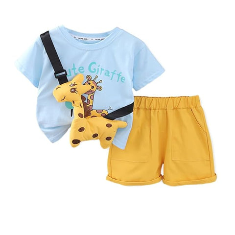 Kids Giraffe Print T-shirt & Short Set With Crossbody Bag