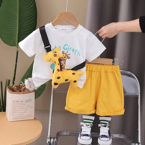 Kids Giraffe Print T-shirt & Short Set With Crossbody Bag