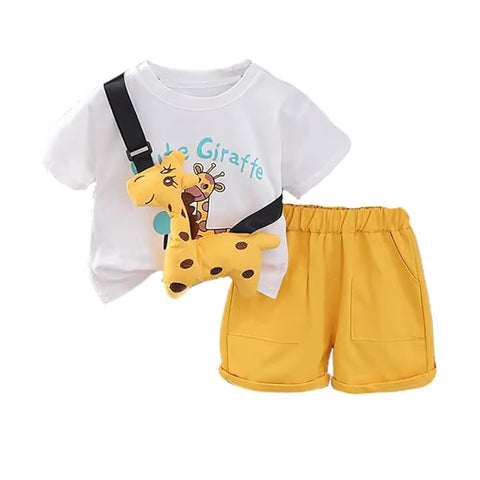 Kids Giraffe Print T-shirt & Short Set With Crossbody Bag