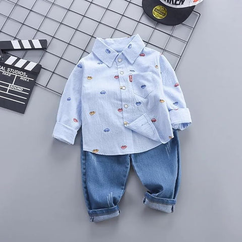 Kids Cotton Crazy Car Print Shirt & Jeans Set