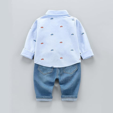Kids Cotton Crazy Car Print Shirt & Jeans Set