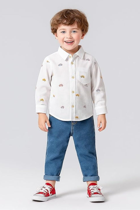 Kids Cotton Crazy Car Print Shirt & Jeans Set