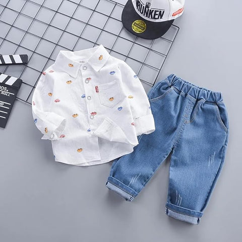 Kids Cotton Crazy Car Print Shirt & Jeans Set