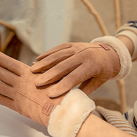 Luxury Soft Suede and Faux Fur Cute Winter Thermal Warm Gloves Mittens Winter Accessories Hand Arm Warmer Gloves